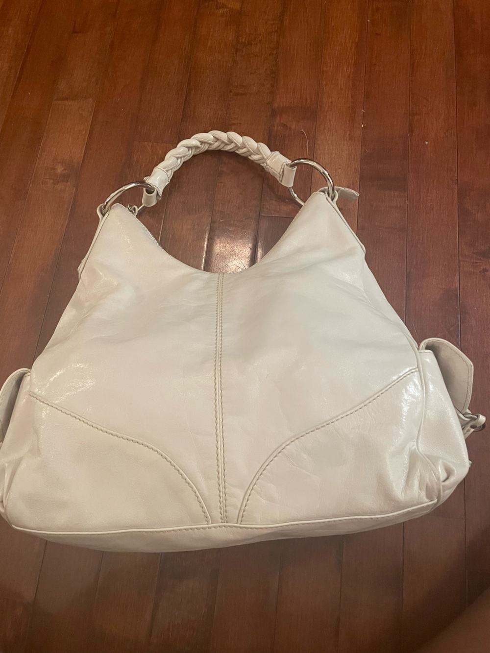 Francesco Biasia Cream Leather Braided-Handle Hobo Bag